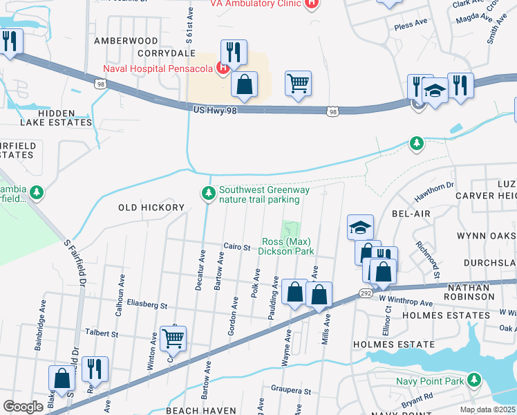 map of restaurants, bars, coffee shops, grocery stores, and more near 1151 North Street in Pensacola