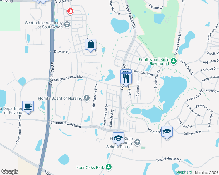 map of restaurants, bars, coffee shops, grocery stores, and more near 3053 Merchants Row Boulevard in Tallahassee