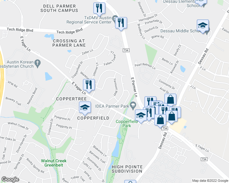 map of restaurants, bars, coffee shops, grocery stores, and more near 12314 Yarmont Way in Austin