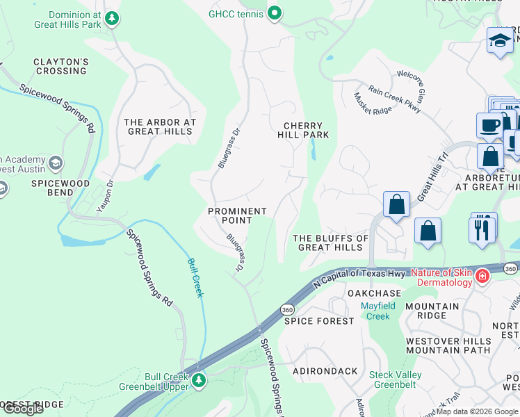 map of restaurants, bars, coffee shops, grocery stores, and more near 8901 Spurflower Cove in Austin