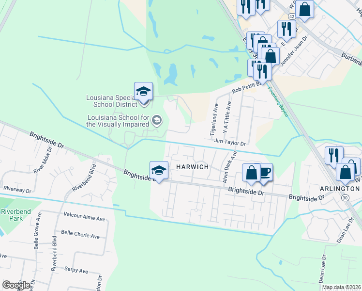 map of restaurants, bars, coffee shops, grocery stores, and more near 1340 Harwich Drive in Baton Rouge