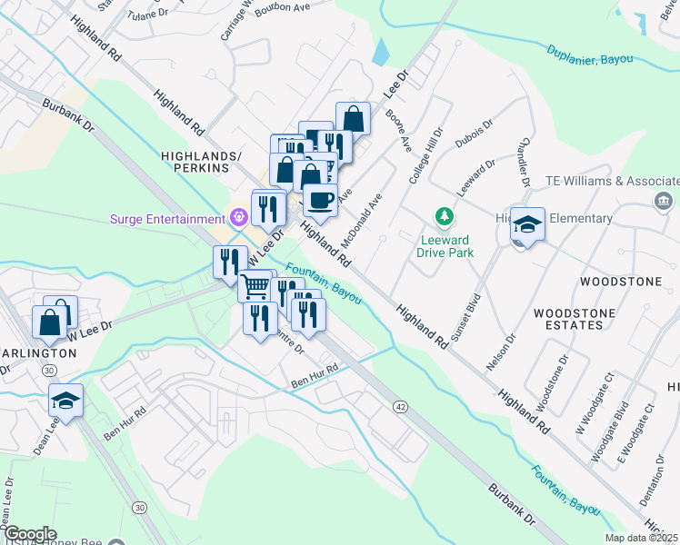 map of restaurants, bars, coffee shops, grocery stores, and more near 5544 Highland Road in Baton Rouge
