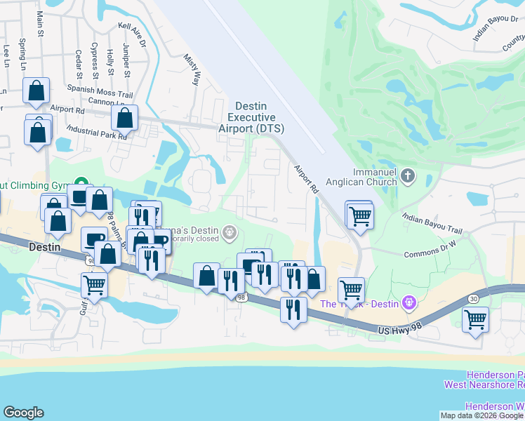 map of restaurants, bars, coffee shops, grocery stores, and more near 221 Mattie M Kelly Boulevard in Destin