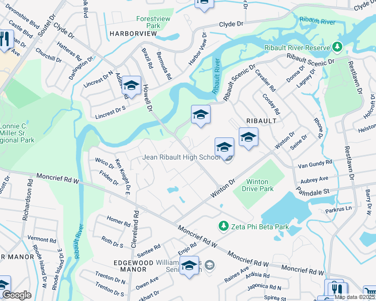 map of restaurants, bars, coffee shops, grocery stores, and more near 3610 Ribault Scenic Drive in Jacksonville