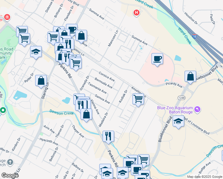 map of restaurants, bars, coffee shops, grocery stores, and more near 3537 Madeira Drive in Baton Rouge