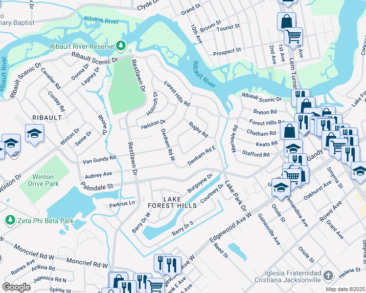map of restaurants, bars, coffee shops, grocery stores, and more near 7837 Caxton Circle West in Jacksonville