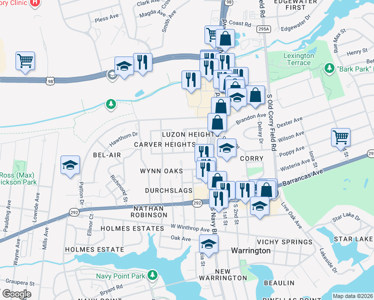 map of restaurants, bars, coffee shops, grocery stores, and more near 100 Leyte Drive in Pensacola
