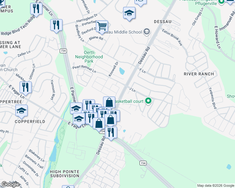 map of restaurants, bars, coffee shops, grocery stores, and more near 12401 Calibri Lane in Austin