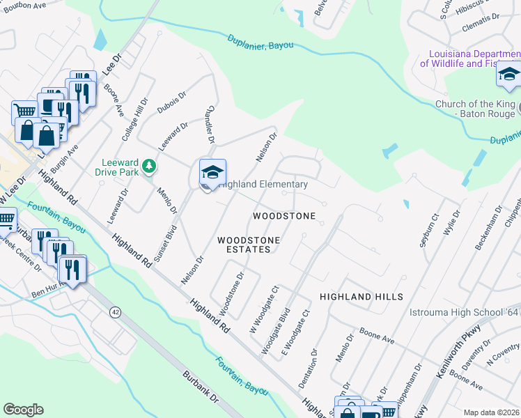 map of restaurants, bars, coffee shops, grocery stores, and more near 634 Woodstone Dr in Baton Rouge