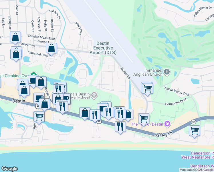 map of restaurants, bars, coffee shops, grocery stores, and more near 225 Mattie M Kelly Boulevard in Destin