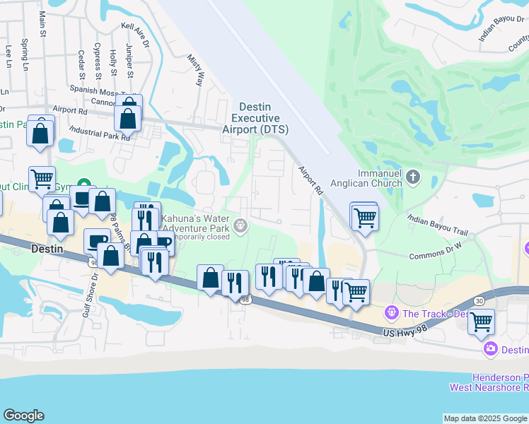 map of restaurants, bars, coffee shops, grocery stores, and more near 221 Mattie M Kelly Boulevard in Destin