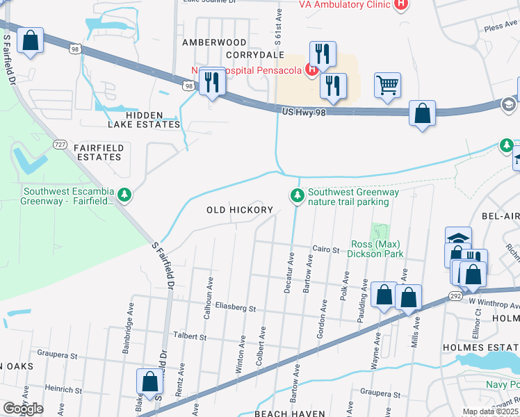 map of restaurants, bars, coffee shops, grocery stores, and more near 7644 Old Hickory Drive in Pensacola