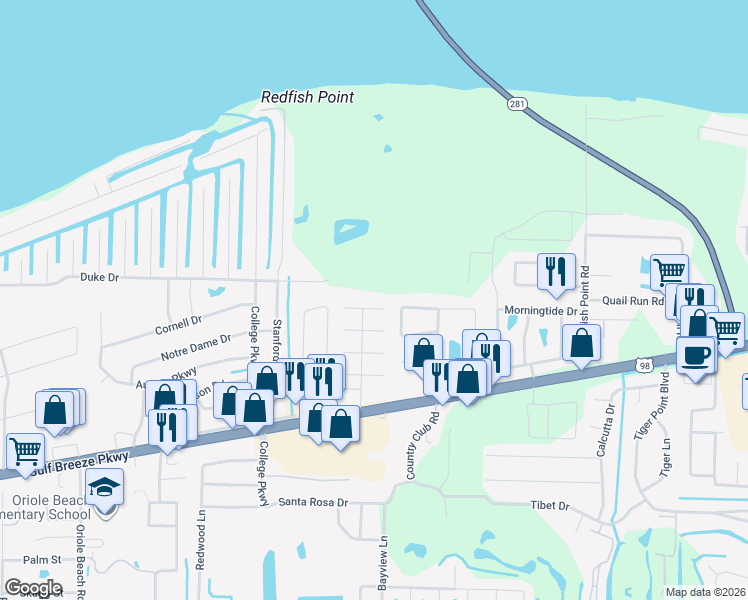 map of restaurants, bars, coffee shops, grocery stores, and more near 3358 La Condesa Street in Gulf Breeze