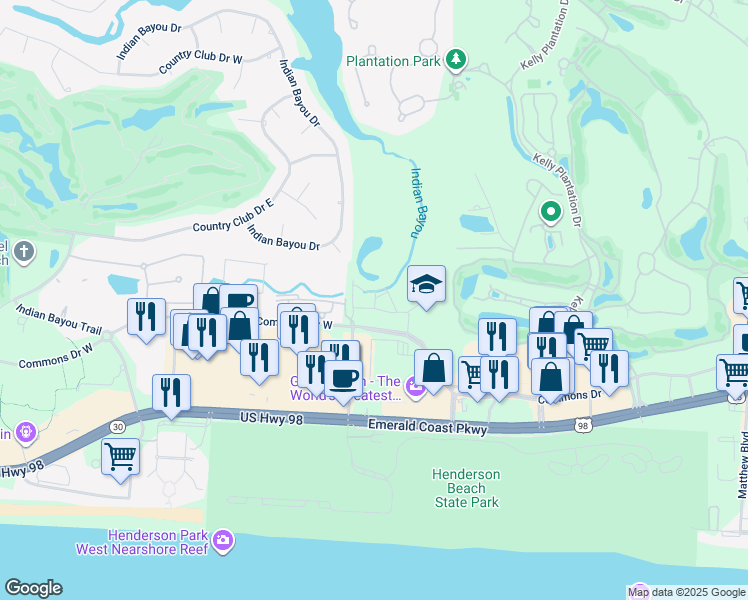 map of restaurants, bars, coffee shops, grocery stores, and more near 4201 Commons Drive West in Destin