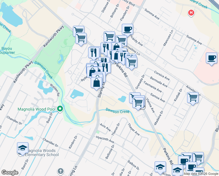 map of restaurants, bars, coffee shops, grocery stores, and more near 7603 Kings Hill Avenue in Baton Rouge