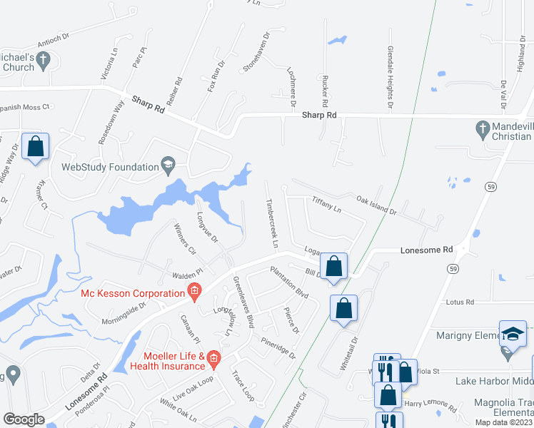 map of restaurants, bars, coffee shops, grocery stores, and more near 2056 Timbercreek Lane in Mandeville