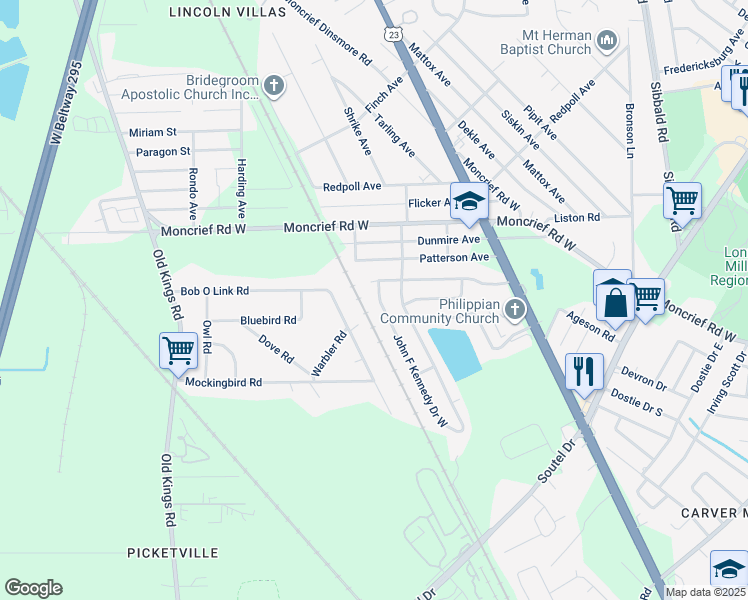 map of restaurants, bars, coffee shops, grocery stores, and more near 7628 John F Kennedy Drive West in Jacksonville