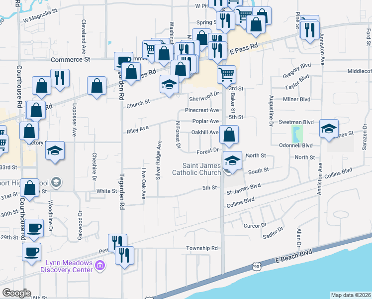 map of restaurants, bars, coffee shops, grocery stores, and more near 1300-1310 Forest Dr in Gulfport
