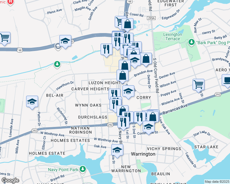 map of restaurants, bars, coffee shops, grocery stores, and more near 301b North Navy Boulevard in Pensacola