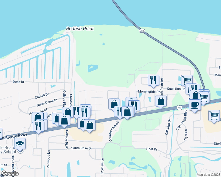 map of restaurants, bars, coffee shops, grocery stores, and more near 3385 Green Briar Circle in Gulf Breeze