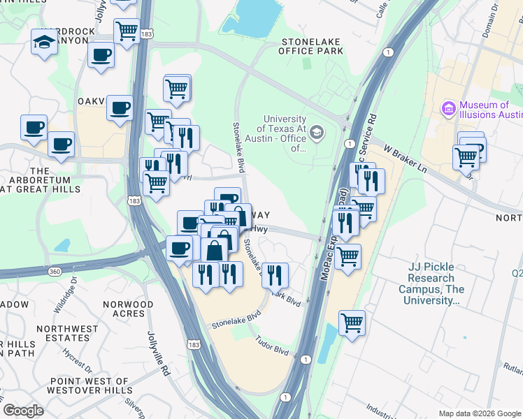 map of restaurants, bars, coffee shops, grocery stores, and more near 10001 Stonelake Boulevard in Austin