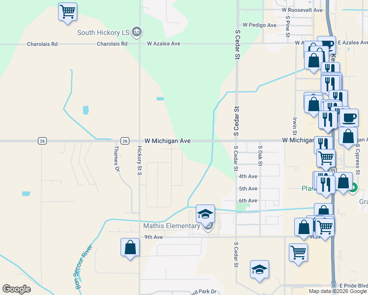 map of restaurants, bars, coffee shops, grocery stores, and more near 567-999 West Michigan Avenue in Foley