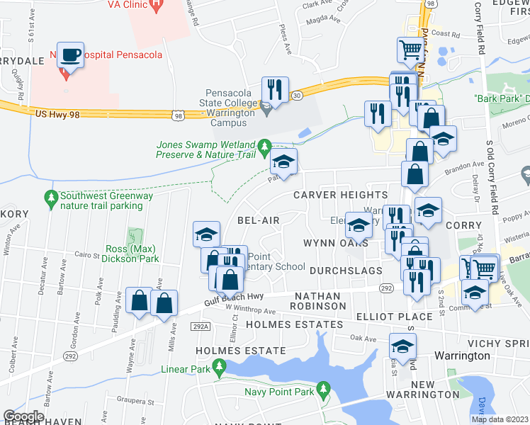 map of restaurants, bars, coffee shops, grocery stores, and more near 1030 Hawthorn Drive in Pensacola