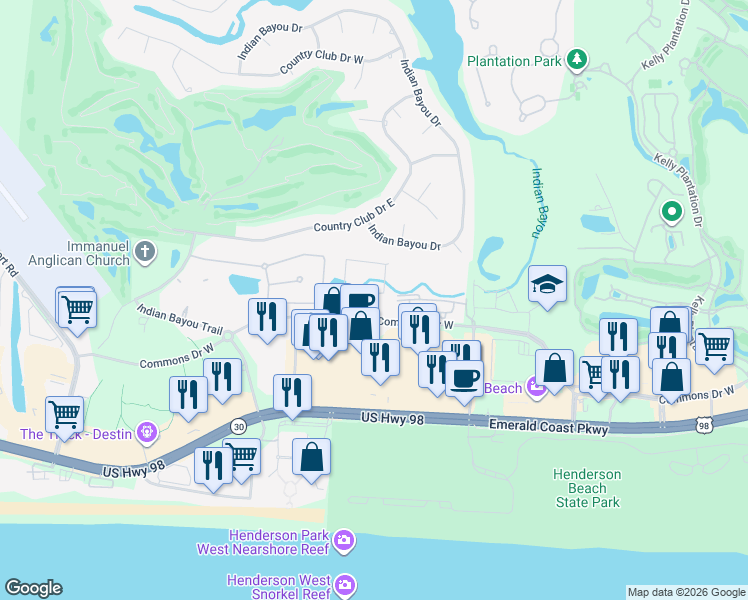 map of restaurants, bars, coffee shops, grocery stores, and more near 4228 Jade Loop in Destin