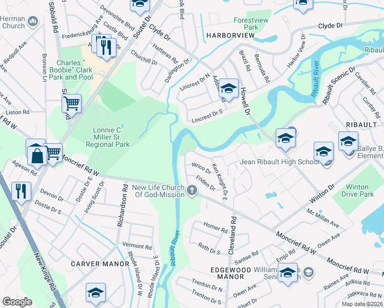 map of restaurants, bars, coffee shops, grocery stores, and more near 4644 Ken Knight Drive North in Jacksonville