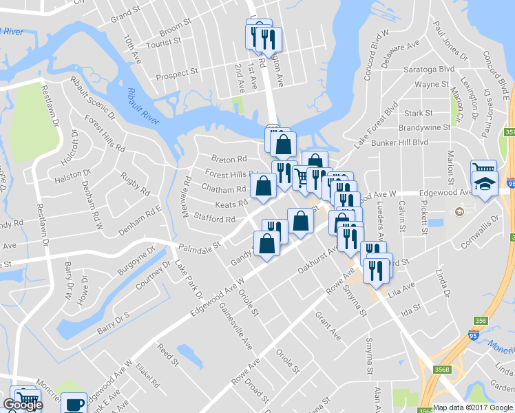 map of restaurants, bars, coffee shops, grocery stores, and more near 1525 Palmdale Street in Jacksonville