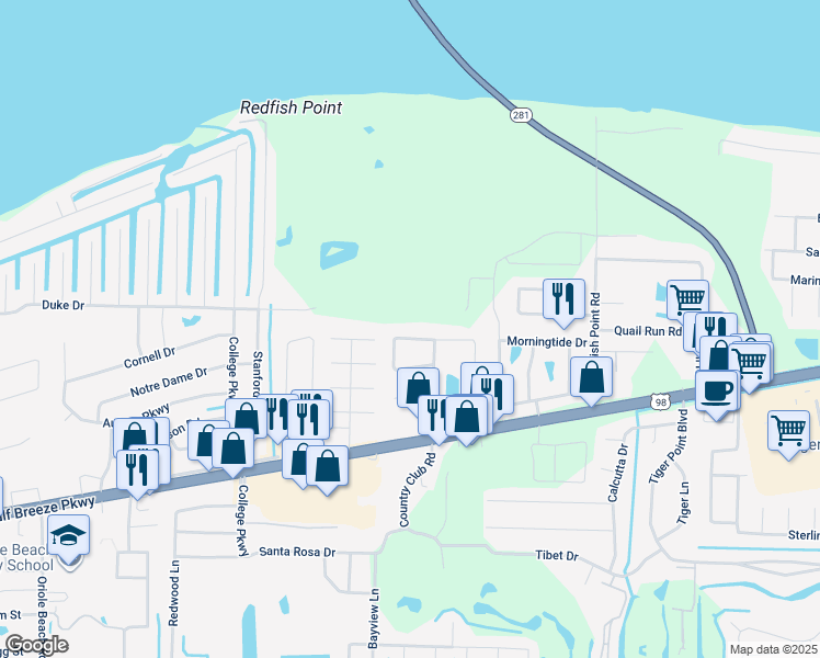 map of restaurants, bars, coffee shops, grocery stores, and more near 3385 Green Briar Circle in Gulf Breeze