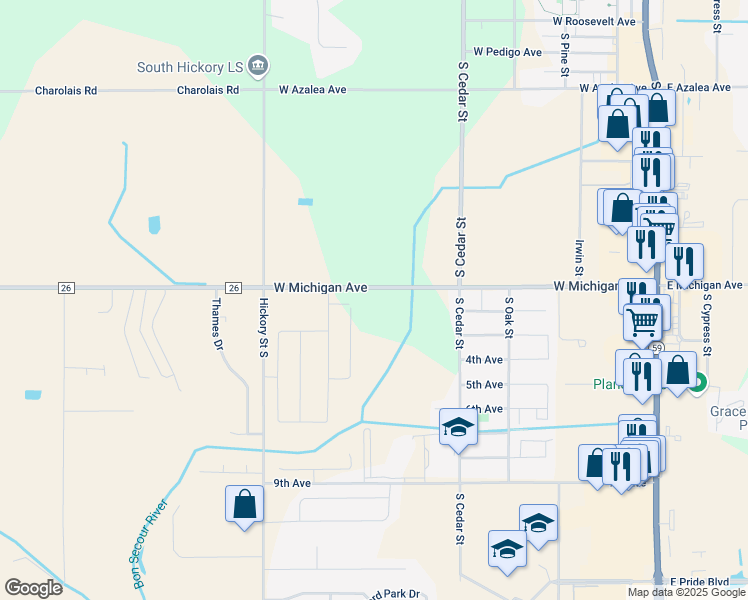 map of restaurants, bars, coffee shops, grocery stores, and more near 567-999 West Michigan Avenue in Foley
