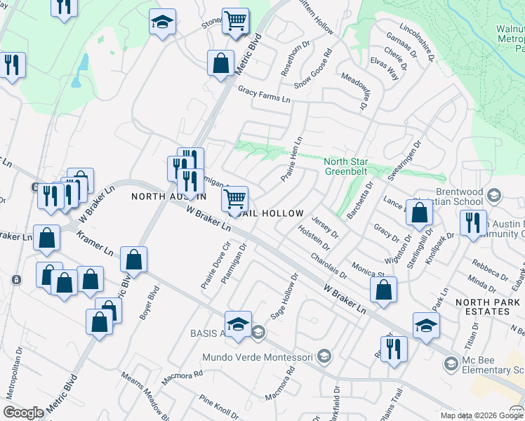 map of restaurants, bars, coffee shops, grocery stores, and more near 11409 Ptarmigan Drive in Austin