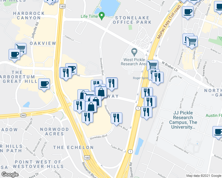 map of restaurants, bars, coffee shops, grocery stores, and more near 10001 Stonelake Boulevard in Austin