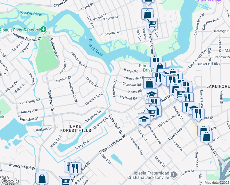 map of restaurants, bars, coffee shops, grocery stores, and more near 8163 Merivale Road in Jacksonville