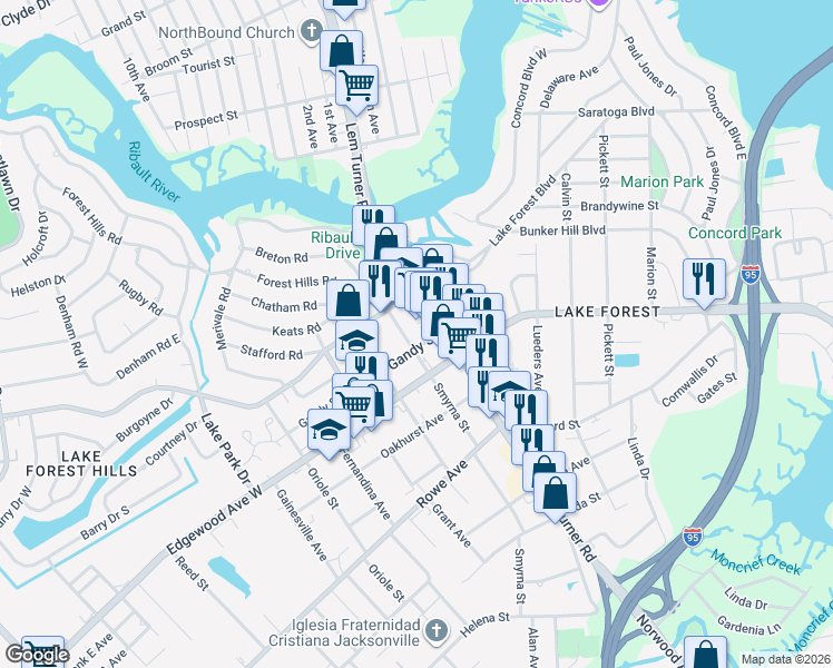map of restaurants, bars, coffee shops, grocery stores, and more near 7944 Lem Turner Road in Jacksonville