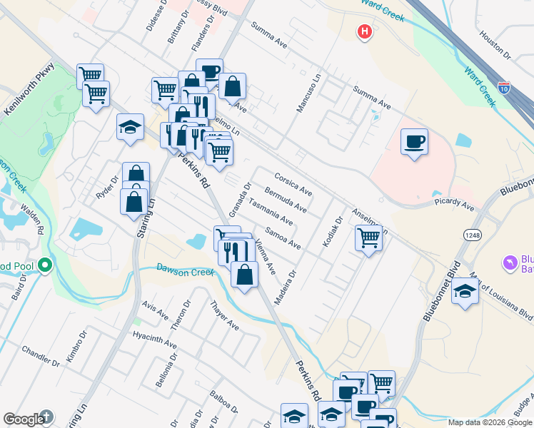map of restaurants, bars, coffee shops, grocery stores, and more near 9344 Tasmania Avenue in Baton Rouge
