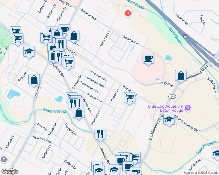 map of restaurants, bars, coffee shops, grocery stores, and more near 3537 Madeira Drive in Baton Rouge