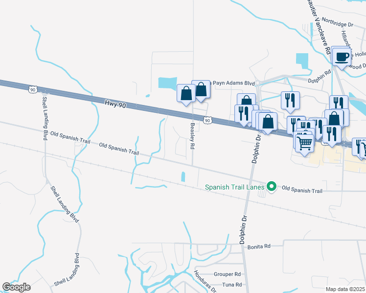 map of restaurants, bars, coffee shops, grocery stores, and more near 19 Beasley Road in Gautier