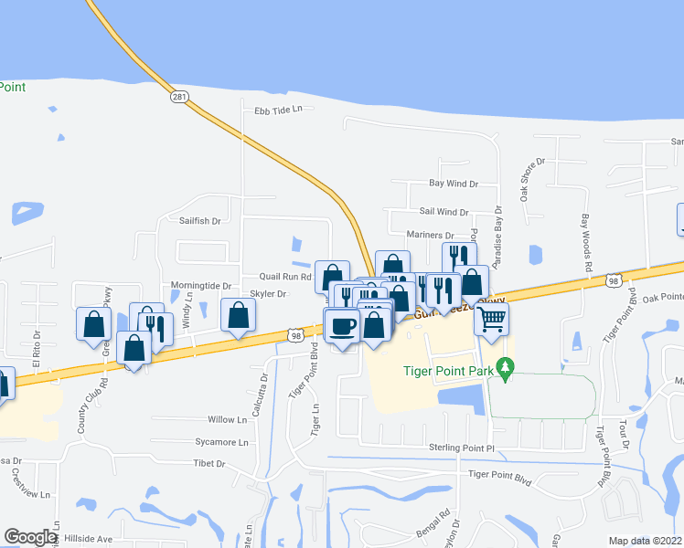 map of restaurants, bars, coffee shops, grocery stores, and more near 1504 Oakhill Road in Gulf Breeze
