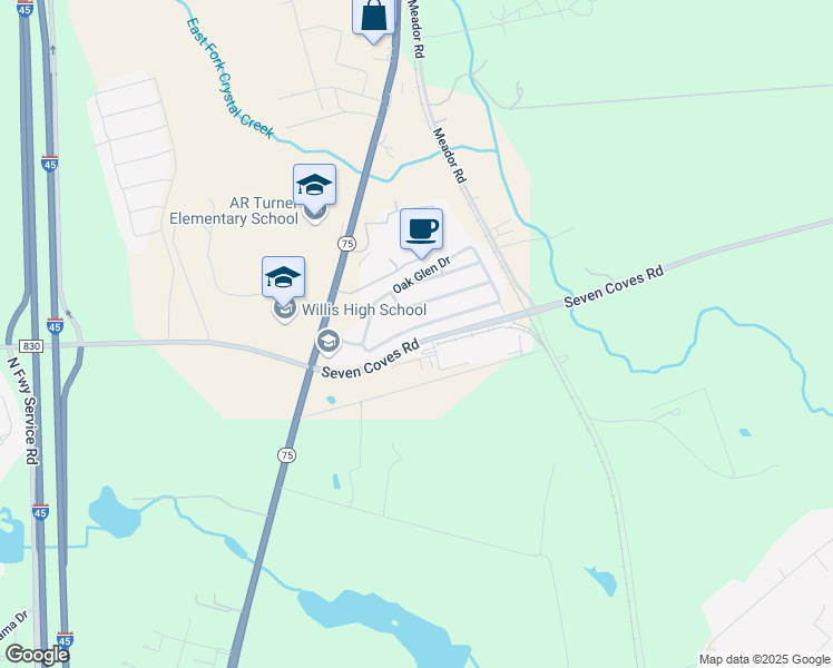 map of restaurants, bars, coffee shops, grocery stores, and more near 979 Oak Falls Drive in Willis