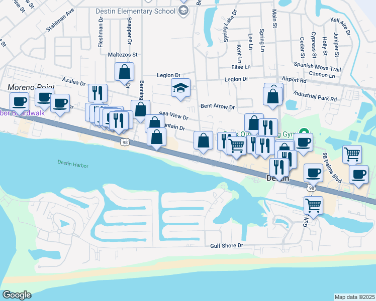 map of restaurants, bars, coffee shops, grocery stores, and more near 661 Harbor Boulevard in Destin