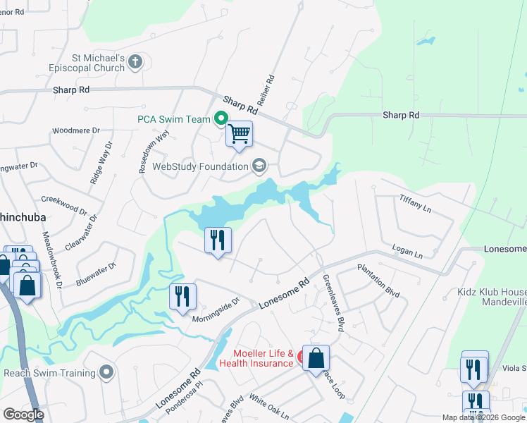 map of restaurants, bars, coffee shops, grocery stores, and more near 8067 Winners Circle in Mandeville