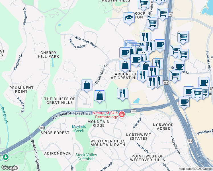 map of restaurants, bars, coffee shops, grocery stores, and more near 9417 Great Hills Trail in Austin