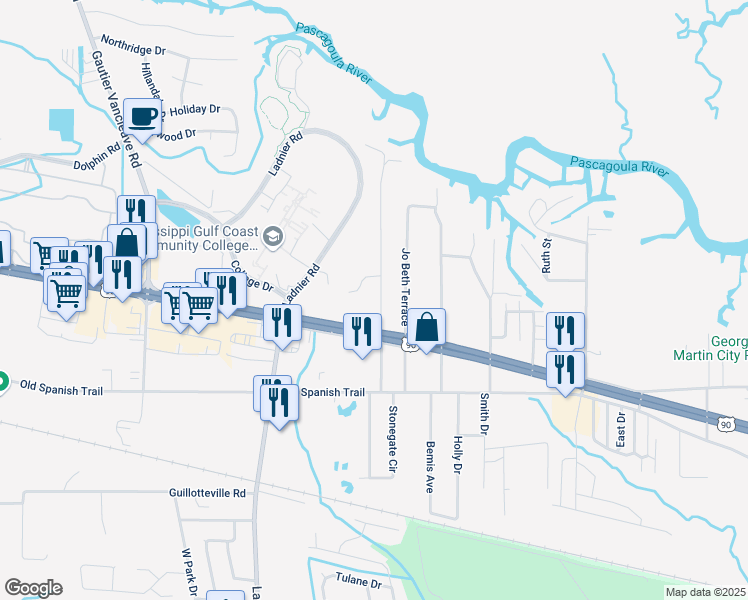 map of restaurants, bars, coffee shops, grocery stores, and more near 3413 Shamrock Court in Gautier