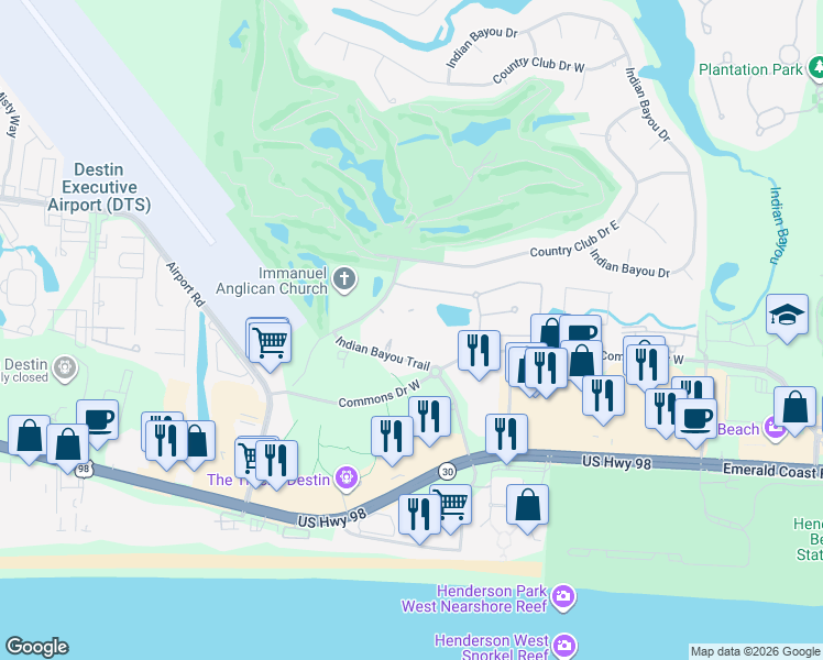 map of restaurants, bars, coffee shops, grocery stores, and more near 4050 Dancing Cloud Court in Destin