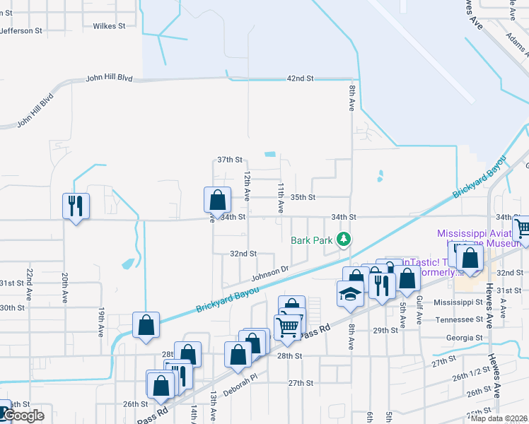 map of restaurants, bars, coffee shops, grocery stores, and more near 1118 34th Street in Gulfport