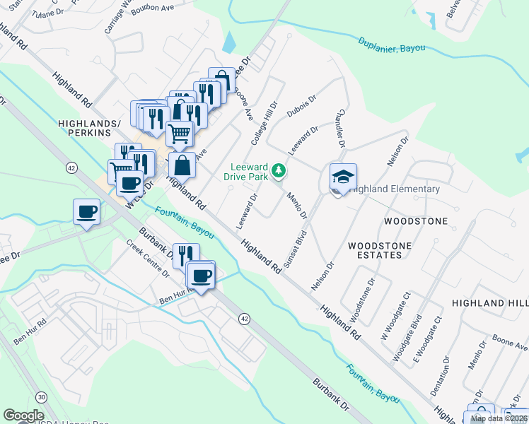 map of restaurants, bars, coffee shops, grocery stores, and more near 205 Guava Drive in Baton Rouge