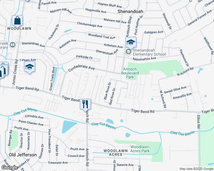 map of restaurants, bars, coffee shops, grocery stores, and more near 6510 Blue Rose Drive in Baton Rouge