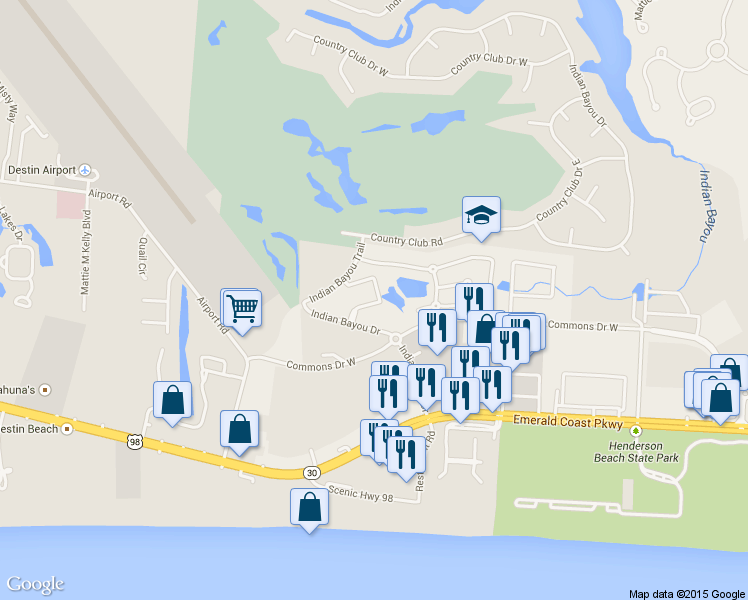 map of restaurants, bars, coffee shops, grocery stores, and more near 4050 Dancing Cloud Court in Destin